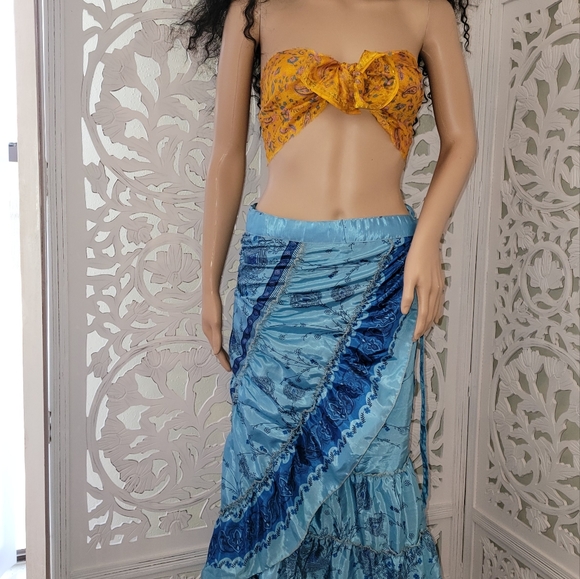 Exotic Silk Ocean & Royal Blue Print Boho Wrap Maxi Skirt - Picture 2 of 6